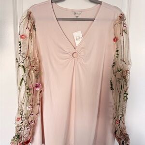 Chic Blush Top with Floral Embroidered Sleeves